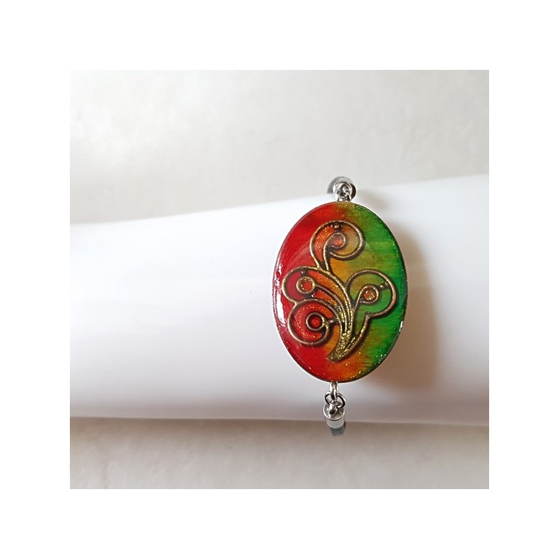 Bracelet fantaisie baroque tons vert et orange à rouge bracelet cuir Bracelet fantaisie baroque tons vert et orange à rouge bracelet cuir