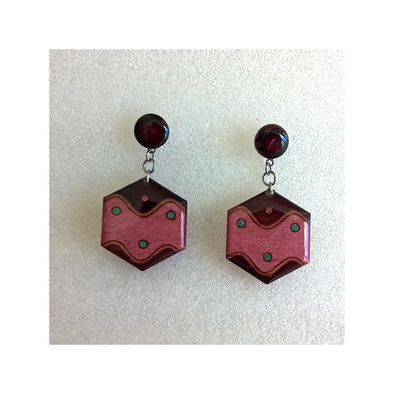 Boucle d'oreille rose et marron hexagone vague, bijou de créateur, modèle unique couleur profonde Boucle d'oreille rose et marron hexagone vague, bijou de créateur, modèle unique couleur profonde