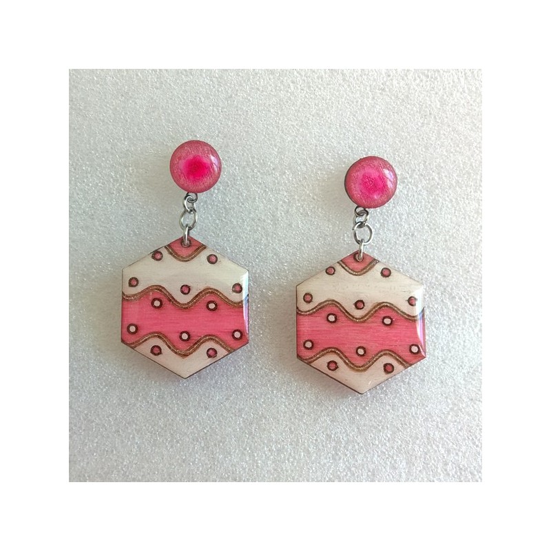 Boucle d'oreille fantaisie rose et blanc hexagone décor vague bijou fantaisie Boucle d'oreille fantaisie rose et blanc hexagone décor vague bijou fantaisie
