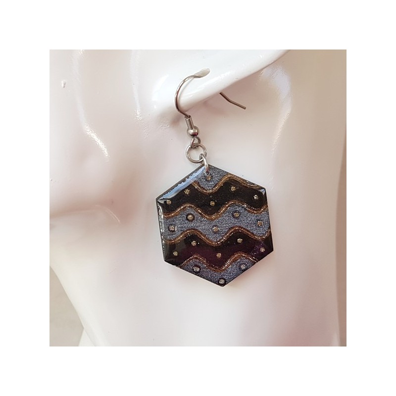 Boucle d'oreille fantaisie noir et argent hexagonale autre monture possible Boucle d'oreille fantaisie noir et argent hexagonale autre monture possible