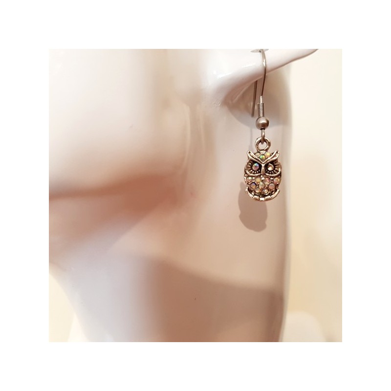 boucle d oreille pendante strass animaux chouette hibou, peut être adaptée pour oreille non percée boucle d oreille pendante strass animaux chouette hibou, peut être adaptée pour oreille non percée