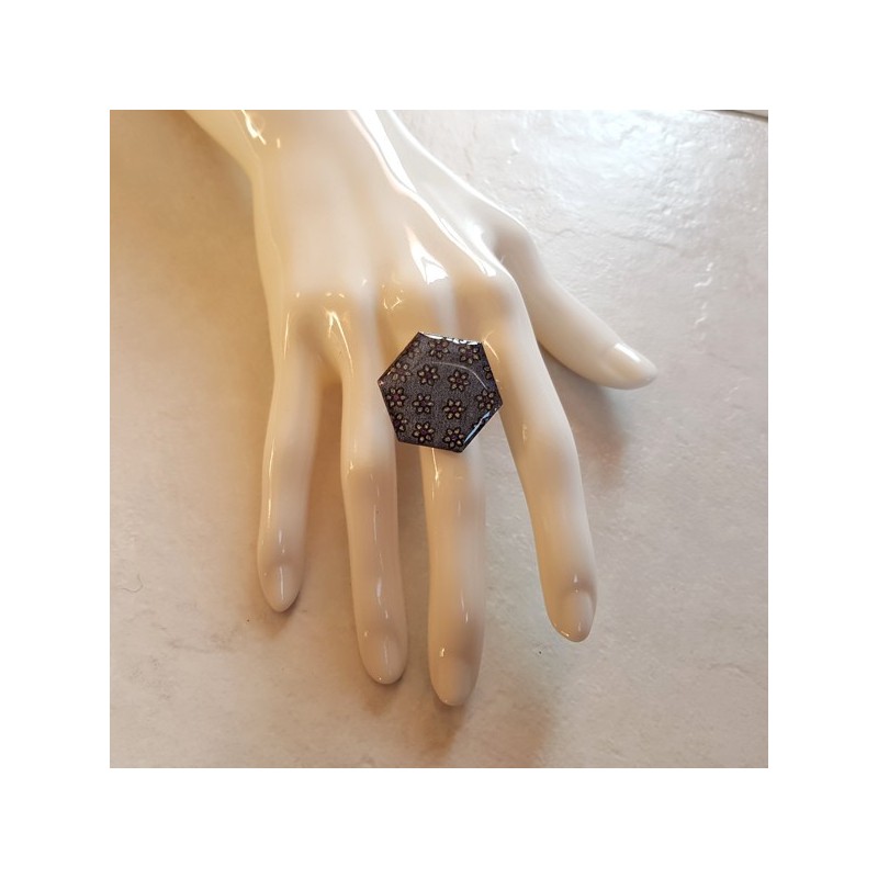 Bague femme hexagonale bleue petites fleurs, bague pour femme originale support réglable laiton plaqué argent Bague femme hexagonale bleue petites fleurs, bague pour femme originale support réglable laiton plaqué argent