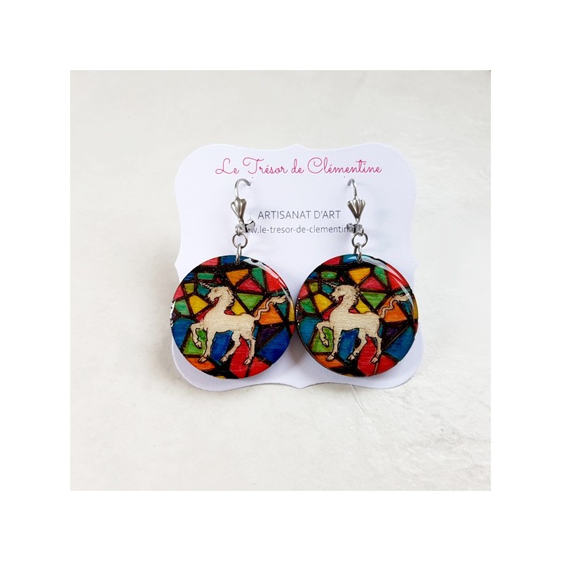 Boucles d'oreilles dormeuses licorne et vitrail artisan d'art Boucles d'oreilles dormeuses licorne et vitrail artisan d'art