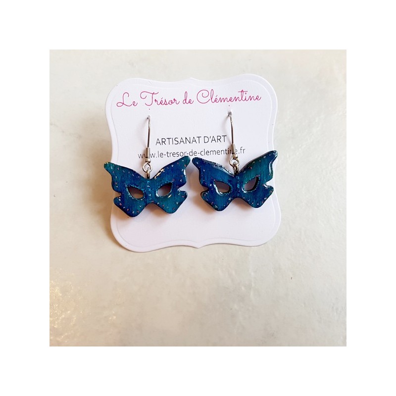 Boucle d'oreille femme masque papillon turquoise modèle unique Boucle d'oreille femme masque papillon turquoise modèle unique