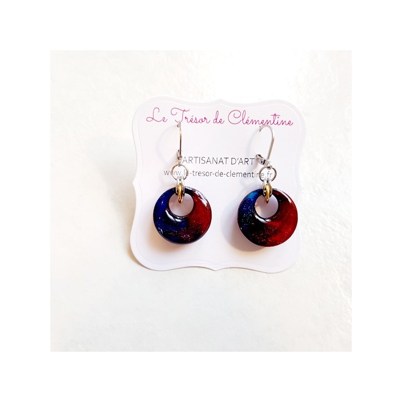 Boucle d'oreille artisanale chic ronde rouge à bleu nuit Boucle d'oreille artisanale chic ronde rouge à bleu nuit