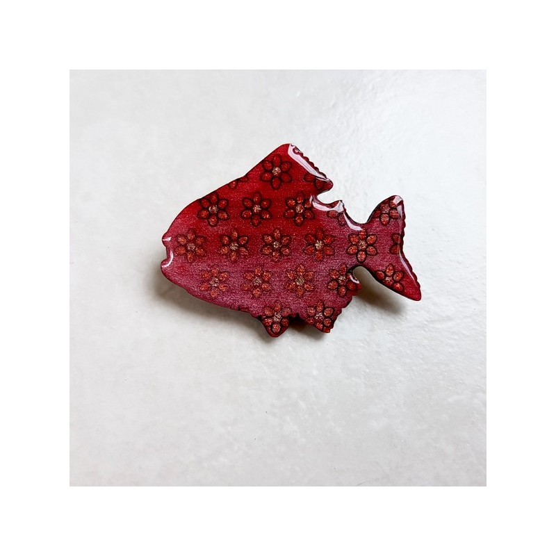Broche artisanale poisson rose et fleurs Broche artisanale poisson rose et fleurs