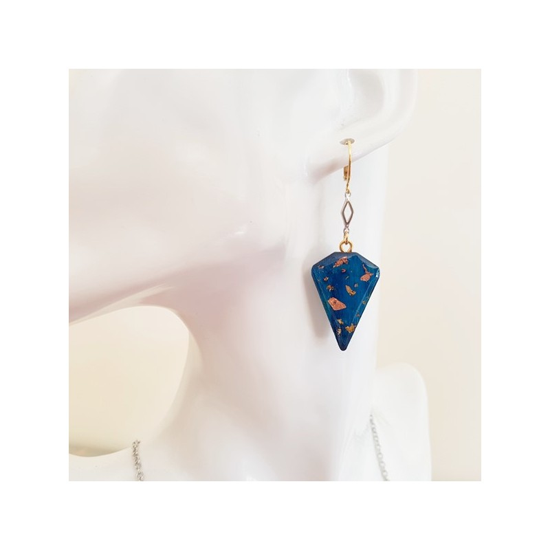 Boucle d'oreille dormeuse pendante femme turquoise et pailleté or et argent triangle tronqué Boucle d'oreille dormeuse pendante femme turquoise et pailleté or et argent triangle tronqué