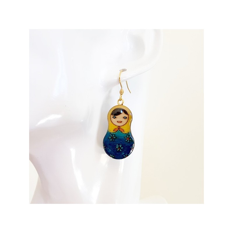 boucle d'oreille artisanale poupée russe bleu et jaune boucle d'oreille artisanale poupée russe bleu et jaune