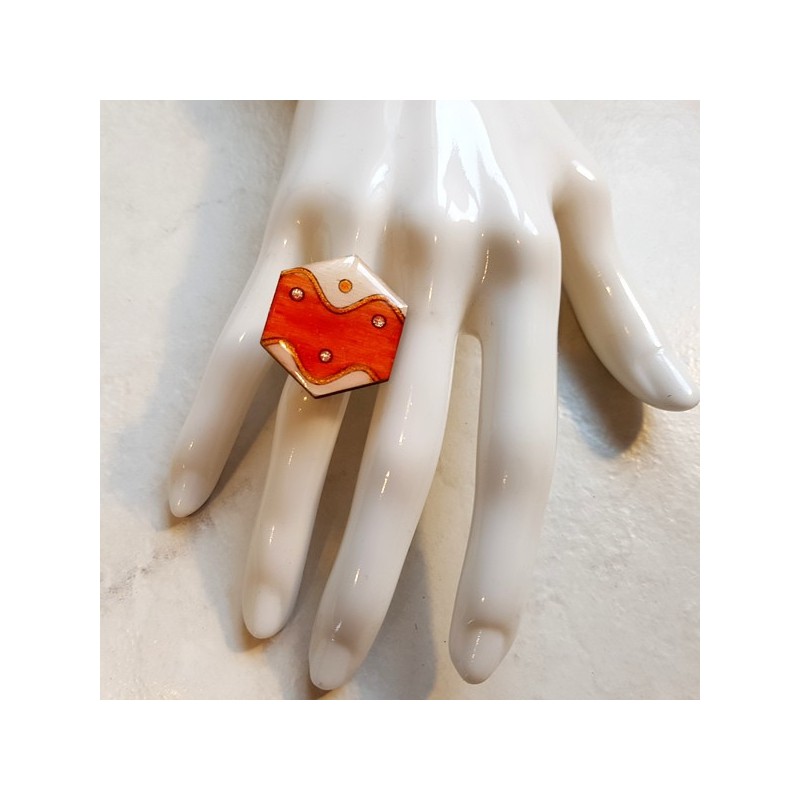 Bague artisanale hexagonale vague orange blanc et argent support laiton plaqué argent bague pour femme réglable Bague artisanale hexagonale vague orange blanc et argent support laiton plaqué argent bague pour femme réglable